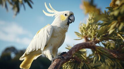 A vibrant sulphur-crested cockatoo perched on a eucalyptus branch, its crest raised in a display of curiosity.