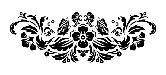 Vintage symmetrical floral ornament with butterfly and flowers isolated on white background.