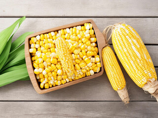 Top view fresh raw corn yellow plant on a dark-light table color green photo