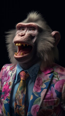 Pig dressed in a floral suit with a nice tie. Fashion portrait of an anthropomorphic animal posing with a charismatic human attitude © mozZz