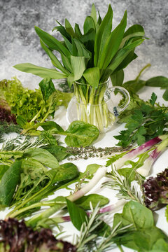 cheremsha Allium ursinum in a pitcher around edible greens: dill, parsley, lettuce, green onions