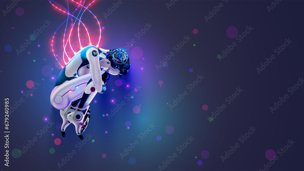 Fototapete Robot woman curl up, sleeping in cyberspace. Cyborg connection cables with data signals. Sci fi illustration of humanoid anthropomorphic female robot. AI concept illustration. Artificial Intelligence.