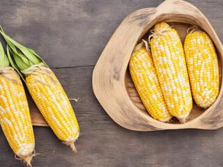 Top view fresh raw corn yellow plant on a dark-light table color green photo
