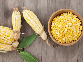 Top view fresh raw corn yellow plant on a dark-light table color green photo