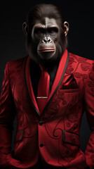 Monkey dressed in a classy red suit, standing as a successful leader and a confident gentleman. Fashion portrait of an anthropomorphic animal, chimpanzee, posing with a charismatic human attitude © mozZz