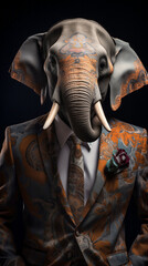 Elephant dressed in a classy suit, standing as a successful leader and a confident gentleman. Fashion portrait of an anthropomorphic animal posing with a charismatic © mozZz
