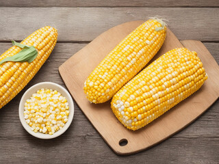 Top view fresh raw corn yellow plant on a dark-light table color green photo