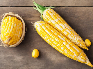 Top view fresh raw corn yellow plant on a dark-light table color green photo