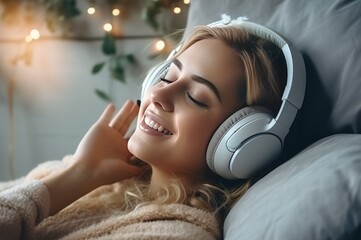 Happy woman listening to music wearing headphones at home. AI generative