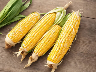 Top view fresh raw corn yellow plant on a dark-light table color green photo
