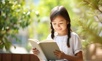 Fototapeta premium Captivated Reader, Kid Girl Explores the Wonders of Imagination Through a Book