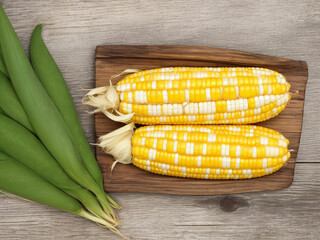 Top view fresh raw corn yellow plant on a dark-light table color green photo