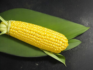 Top view fresh raw corn yellow plant on a dark-light table color green photo