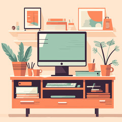 tv and computer sitting on a desk surrounded by plants