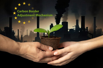 EU Carbon Border Adjustment Mechanism. Ecology. Hands of adult and child hold peat pot with green sprout of plant against backdrop of industrial cityscape with smoking chimneys and dark sky. CBAM.  - obrazy, fototapety, plakaty