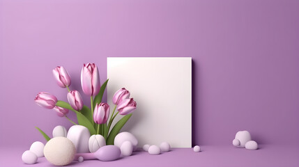 Mockup floral en tonos lilas y rosas para el dia de la mujer 8 de marzo, tulipanes y espacio para escribir