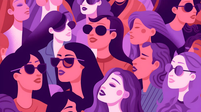 ilustracion representacion de lucha de las mujeres por el dia internacional de la mujer 8 de marzo, mujeres en colores morado con pu&ntilde;os y pose de lucha