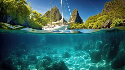 Yacht in the bay with blue clear water - obrazy, fototapety, plakaty