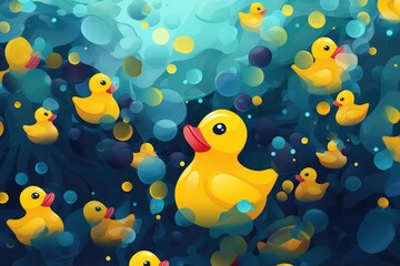 Fototapeta na wymiar Seamless background with yellow rubber ducks and bubbles. Abstract background for National Rubber Duckie Day 