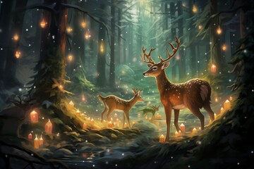 A scenario where animals of the forest gather to celebrate Christmas, adorning themselves with shimmering leaves and exchanging gifts made of starlight Christmas illustration