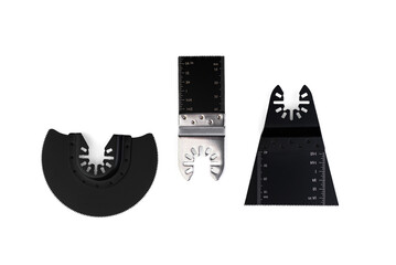 Set of saw nozzles for construction electric multifunction tool on white background.