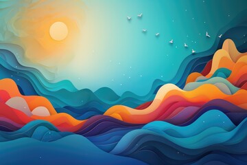 Fototapeta na wymiar Paper art landscape with sea, sky and sunset. Abstract background for Make Your Dream Come True Day.