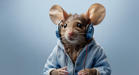 mouse in a clothes listening to music - obrazy, fototapety, plakaty