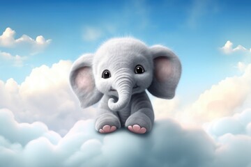cute baby elephant sit on fluffy cloud illustration