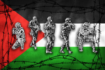Grunge 3D illustration of Palestine flag girded by barb wire and military forces team
