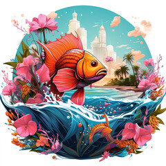 Watercolor Fishing Design Illustration, Generative Ai