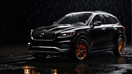 a complete car, with rain drops on it. Black background, Ultra detailed, with an extremely sharp focus, 8k