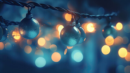Glowing Christmas garland bokeh lights capturing the essence of a serene midnight blue evening. - obrazy, fototapety, plakaty