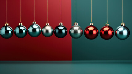 Colorful Christmas decoration and ornaments on red and green background
