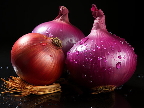 Still life style photography shallots on the table with a dark background. The shallots are fresh and there are drops of water on them.

