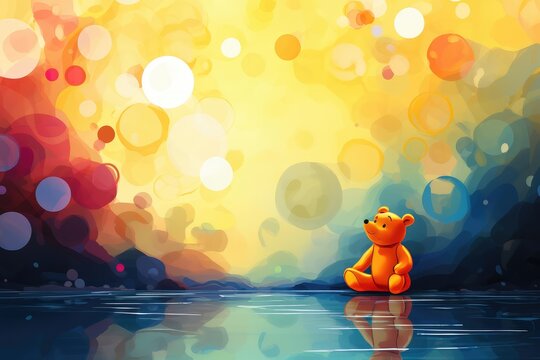 illustration of a little bear in the water with bokeh background. Abstract background with honey bear or stuffed animal