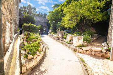 Town of Rab historic walls walkway and architecture view