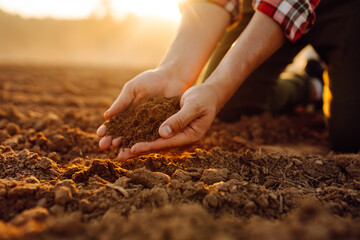 Close-up of a farmer's hands taking black soil from the field. Men's hands move the soil with their...