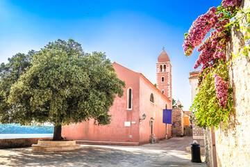 Historic town of Rab Freedom square and church view