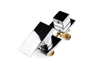 Chrome shower faucet isolated on white background.