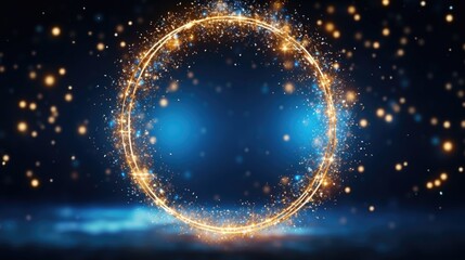 Banner with a round shiny gold frame on a blue background