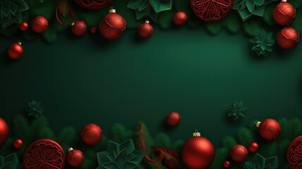 New Year banner with Christmas red decorations on khaki green background.