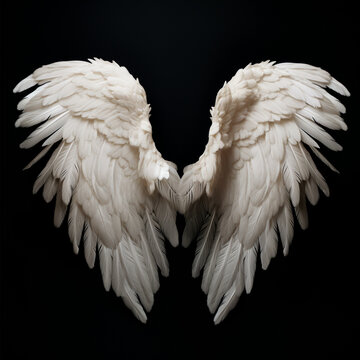 Fotografia con detalle y textura de alas de angel con  plumas de color blanco, sobre fondo de color negro