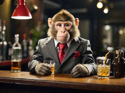 monkey in a suit having somedrinks at a bar