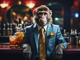 Zelfklevend Fotobehang monkey in a suit having somedrinks at a bar © LisyLo