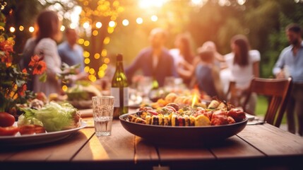 Backyard dinner table have a tasty grilled BBQ meat, Salads and wine with happy joyful people on...