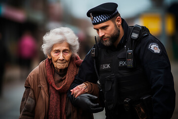 Fototapeta premium A policeman helping an elderly woman to cross the road