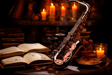 A saxophone among open books, candles and dried flowers