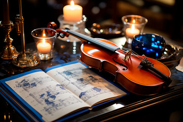 A violin next to an open book and several lighted candles