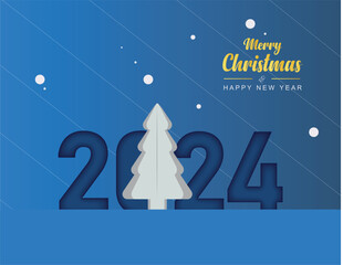Merry Christmas greetings vector design with Christmas tree and Happy New Year 2024