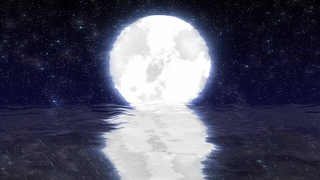 Abstract white moon above the water and horizon on the background of reflections stock video